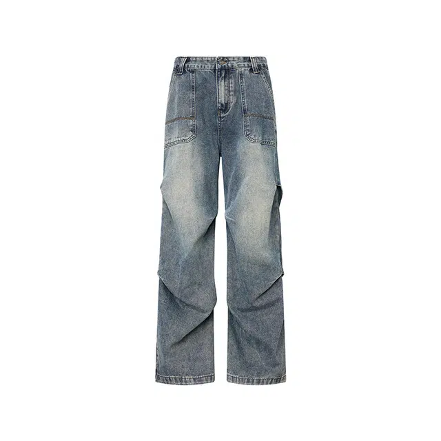 潮人榜 美式复古做旧水洗大口袋直筒垂感长裤个性拼接褶皱设计工装风牛仔裤 男女同款