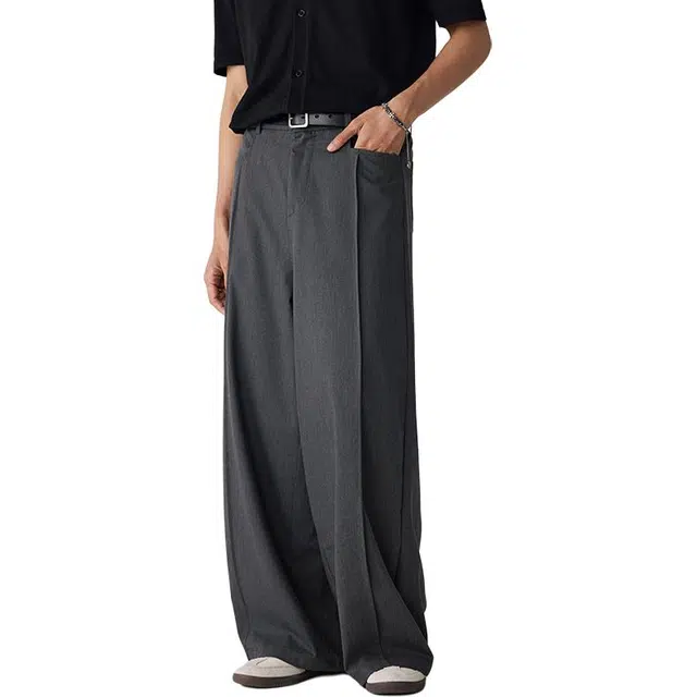 潮人榜 夏季薄款莱赛尔凉感弹力直筒裤男士宽松老钱风液态版垂堕西装休闲裤 男女同款