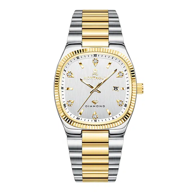 梦特娇 时尚商务休闲通勤上班高颜值日期显示 石英机芯 钢表带 国表 男表 白色表盘 夜光防水