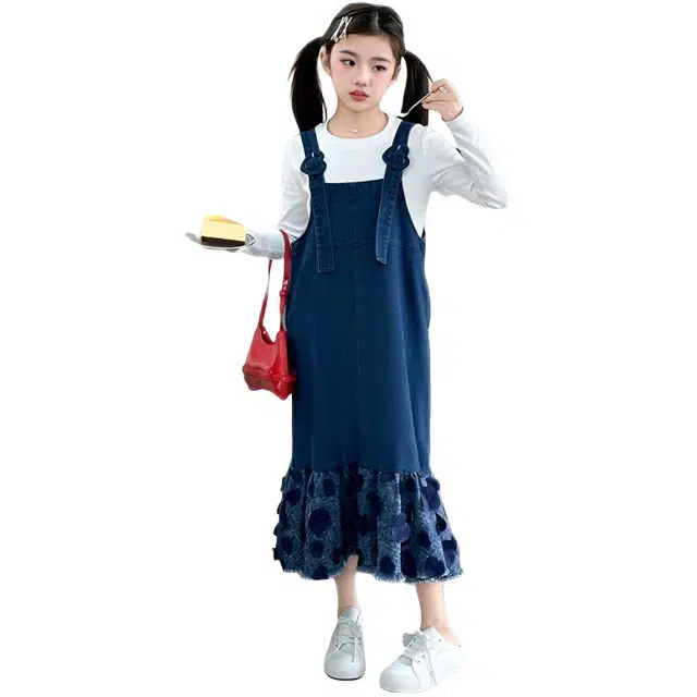 比比我休闲运动套装  女童春秋季爱心牛仔背带裙大童潮牌小孩衣服 小女孩长袖洋气时髦 舒适帅气轻便
