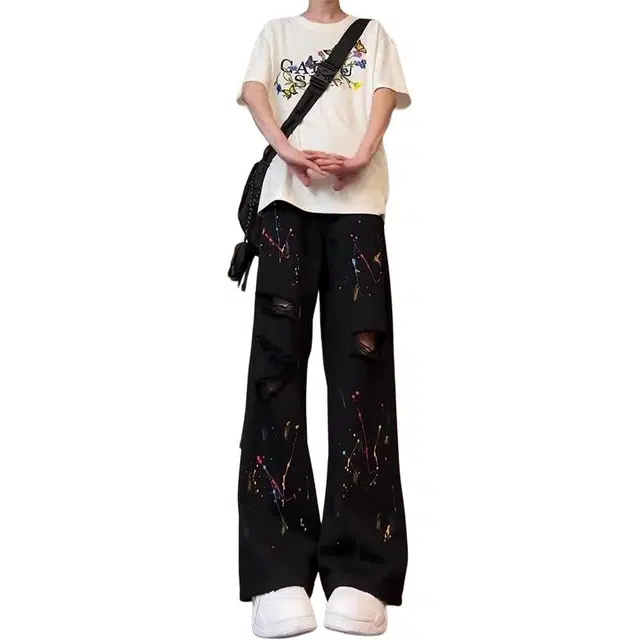 洞洞拐 泼墨美式设计通用百搭休闲牛仔裤 男女同款