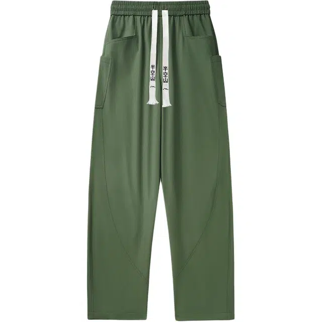 半空山 美式纯色立体线条解构设计感工装大口袋宽松阔腿弯刀裤品牌汉字刺绣系带松紧腰百搭通勤潮流休闲裤 男女同款
