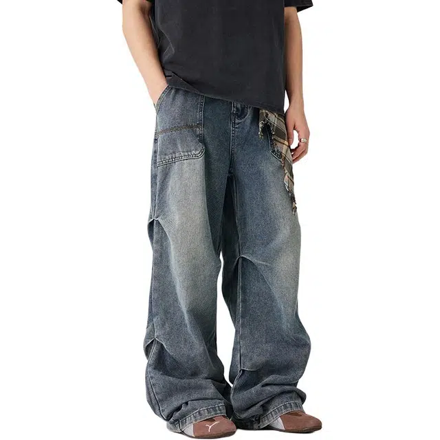 潮人榜 美式复古做旧水洗大口袋直筒垂感长裤个性拼接褶皱设计工装风牛仔裤 男女同款