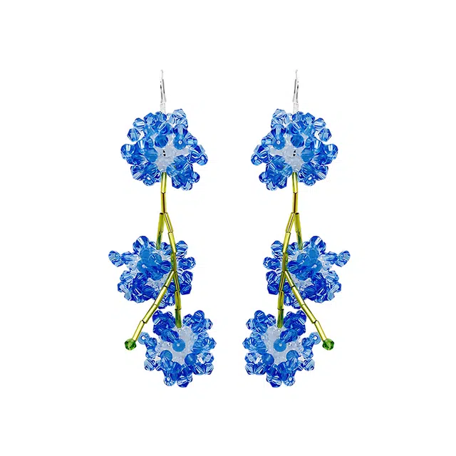 希遇 晶蓝耳韵蓝色串珠球球花小众设计高级感 合金 耳环 女款