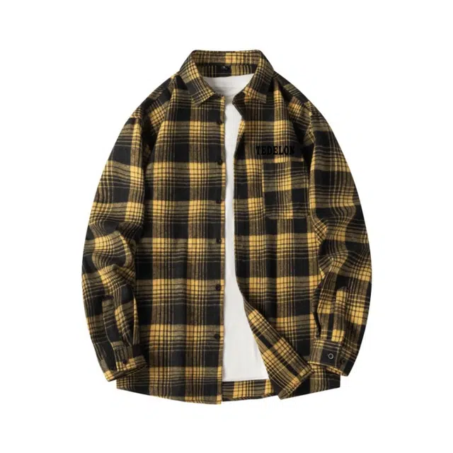 太子龍 美式复古高街撞色简约休闲轻薄透气宽松口袋格纹翻领长袖青少年衬衫 男款