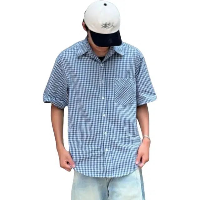 冈哉 美式复古潮流潮牌个性单口袋垂感凉感透气格纹简约基础款百搭舒适宽松翻日常通勤穿搭领短袖上衣衬衫 男女同款