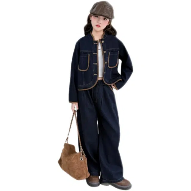 天才小熊休闲运动套装 女童春秋季撞色牛仔大童潮牌小孩衣服 小女孩长袖洋气时髦 舒适帅气轻便