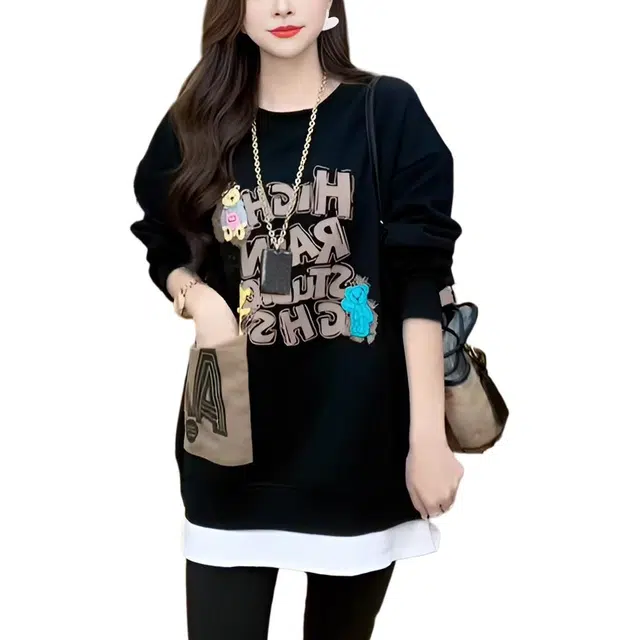 木清清 孕妇中长款 假两件 宽松 女士 秋季 大码 遮肚 显瘦 上衣卫衣 女款