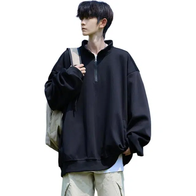 颂希尔 重磅半拉链立领春秋美式复古纯色简约休闲百搭宽松上衣外套卫衣 男女同款