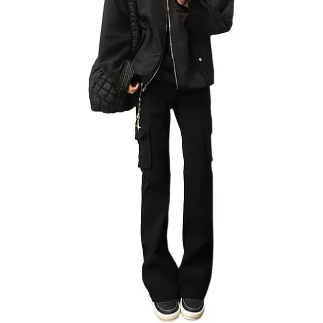 唐启 美式高街春秋季裤子修身窄版直筒微喇裤工装牛仔裤 男女同款