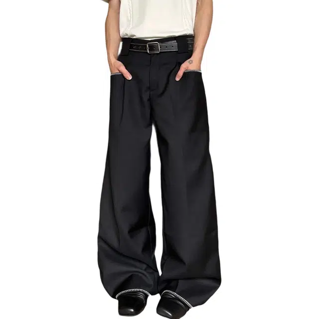 冈哉 老钱风手缝线拼接纯色基础款设计美式简约复古垂感西裤宽松阔腿直筒时尚潮流百搭休闲裤 男女同款