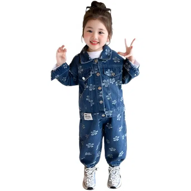 比比我休闲运动套装  女童春秋季贴标花朵牛仔大童潮牌小孩衣服 小女孩长袖洋气时髦 舒适帅气轻便