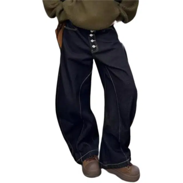 冈哉 美式潮流潮牌个性复古嘻哈宽松百搭高街做旧水洗单排纽扣设计经典简约无性别主义垂感日常通勤牛仔裤 男女同款