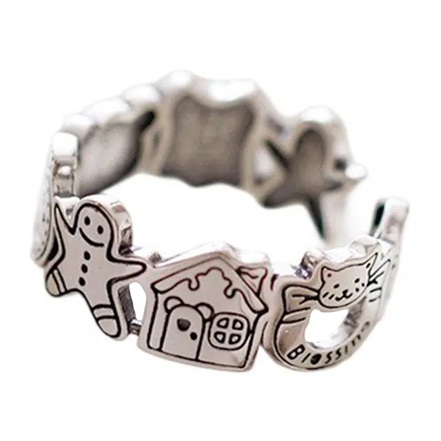 栖花漫语 趣味卡通姜饼人复古时尚个性设计感戒潮 钛钢 戒指 女款