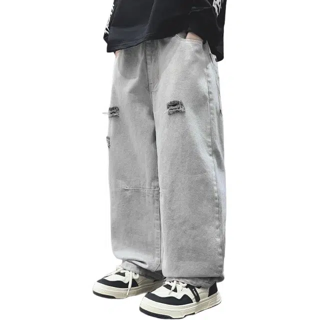 帕兰朵牛仔裤 潮流时尚百搭宽松舒适前片破洞直筒裤 青少年