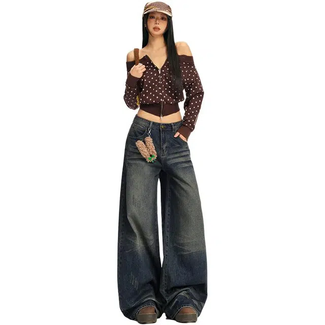 拾籍 美式复古秋季慵懒松弛感高腰显瘦垂感宽松阔腿牛仔裤 女款