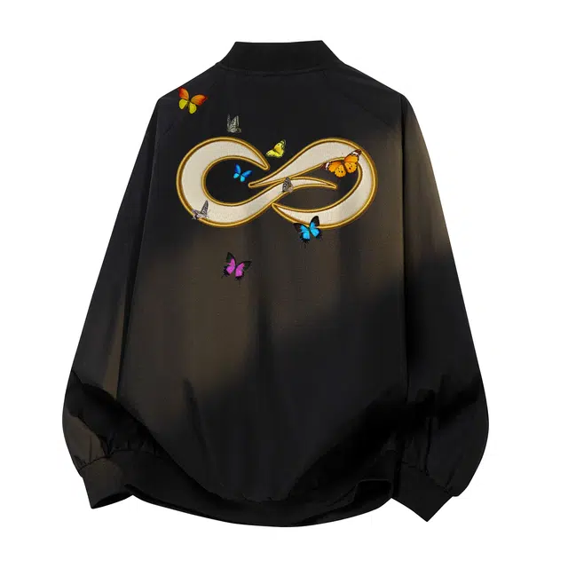 物质公式 重磅美式复古高街棒球领趣味仿万针刺绣蝴蝶无限循环字母印花宽松户外运动轻便耐磨日常通勤教练服飞行员夹克外套 男女同款