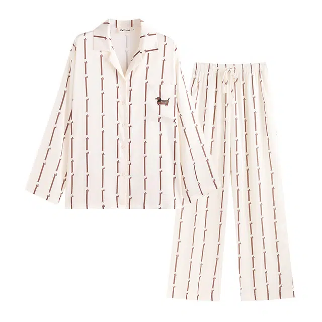 侘町 刺绣口袋条纹卡通丝滑透气亲肤可外穿睡衣套装 女款