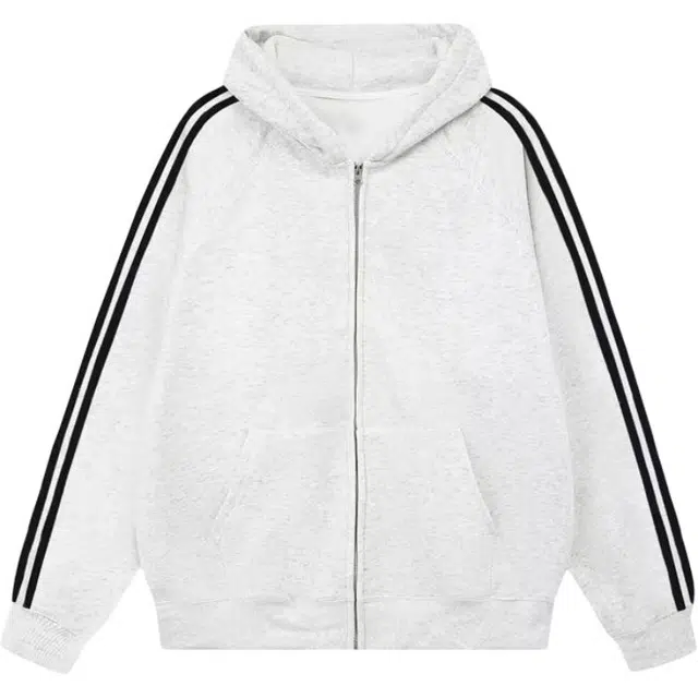 爱肯 美式基础撞色侧边三条杠条拼接纹织设计外套上衣复古高街潮流百搭男款秋冬休闲宽松插肩套头氛围感重磅连帽开衫舒适卫衣 男女同款