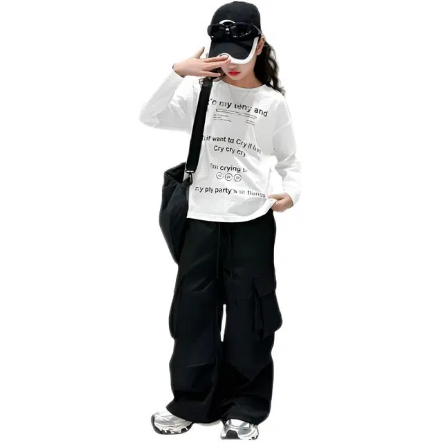 比比我休闲运动套装  女童春秋季字母工装裤大童潮牌小孩衣服 小女孩长袖洋气时髦 舒适帅气轻便