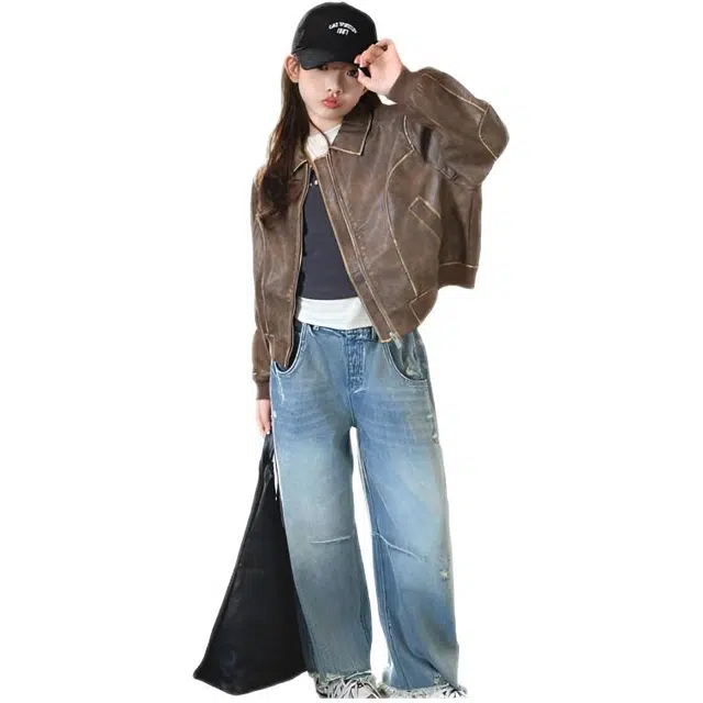 天才小熊休闲运动套装 女童春秋季皮衣夹克牛仔裤大童潮牌小孩衣服 小女孩长袖洋气时髦 舒适帅气轻便