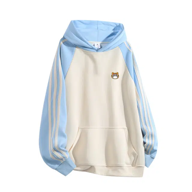 吾皇猫 美式复古卡通动漫拼接条纹织带连帽重磅宽松百搭舒适休闲套头长袖卫衣 男女同款