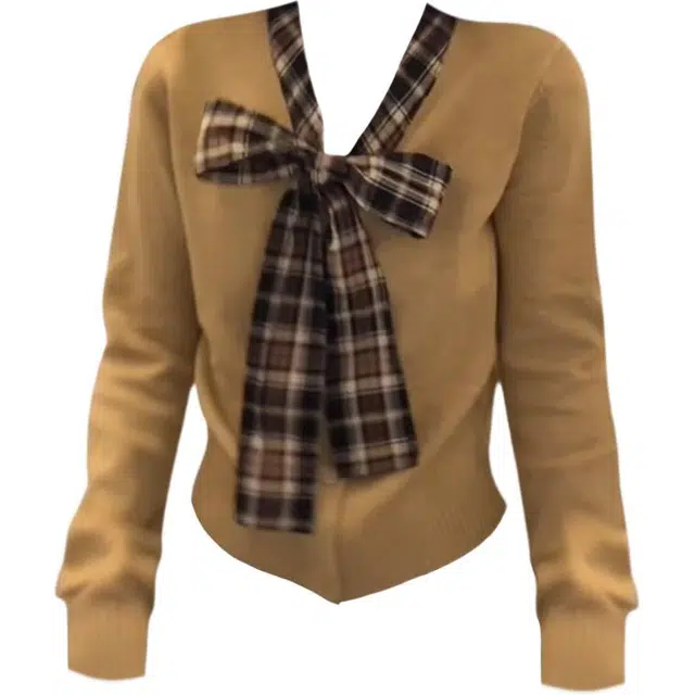 桴生 韩系格纹蝴蝶结拼接女秋季设计感修身长袖上衣针织衫 女款