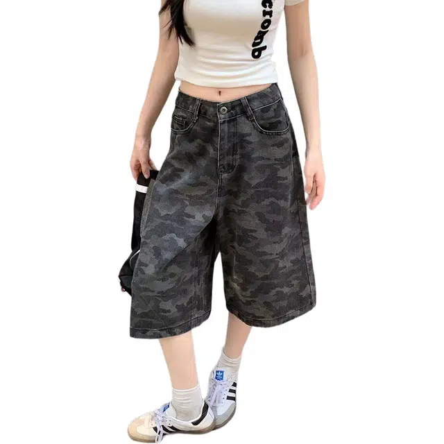 么宁 美式复古迷彩高腰宽松显瘦阔腿裤辣妹七分中裤牛仔裤 女款