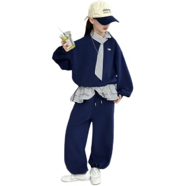 比比我休闲运动套装  女童春秋季条纹大童潮牌小孩衣服 小女孩长袖洋气时髦 舒适帅气轻便