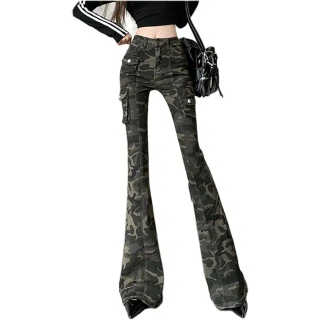 黛尔佳人 美式迷彩修身垂感拖地裤牛仔裤 女款