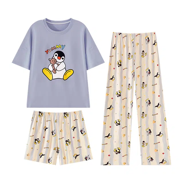 俏霓桐 夏季甜美休闲可爱卡通企鹅高颜值三件套带胸垫家居服可外穿睡衣套装 女款