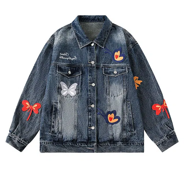 美式复古高街风蝴蝶图案设计水洗做旧宽松百搭潮流长袖牛仔外套 男女同款