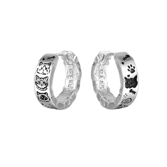 清脆小溪 潮流 复古涂鸦 小众创意设计高级款 猫咪图案 合金 耳环 女款
