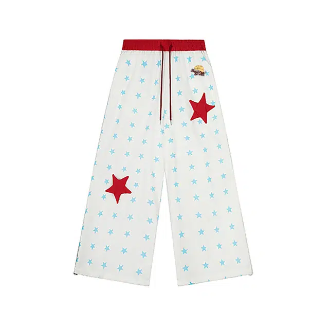 虫小绿 美式高街拼接撞色星星印花拖地高腰松紧阔腿裤百搭户外通勤氛围感复古怀旧经典显高显瘦高级设计感垂感休闲裤 男女同款
