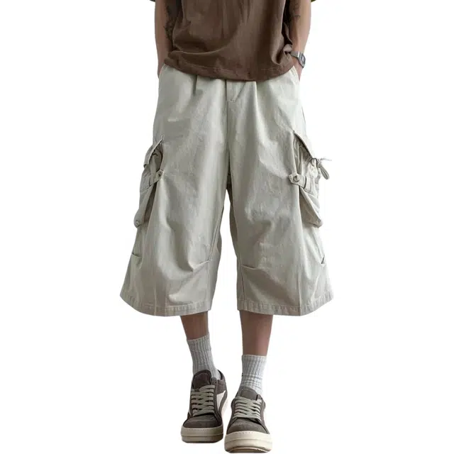 冈哉 褶皱拼接多口袋飘带设计美式高街户外运动宽松阔腿五分裤日常通勤高级感休闲短裤 男女同款