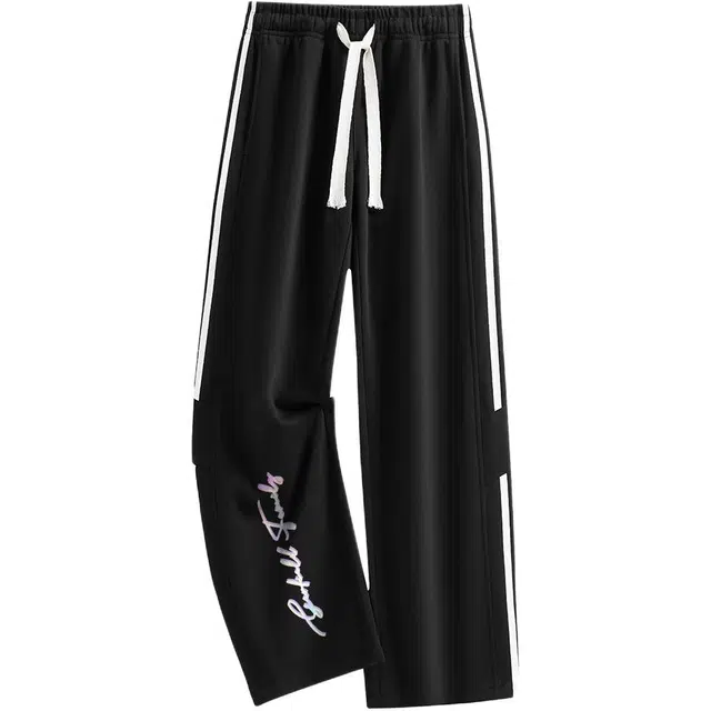 加菲猫家族 美式高街复古艺术签名字体字母印花潮流宽松休闲通勤百搭亲肤柔软舒适透气学生党直筒垂感显高中腰系带针织运动裤 男女同款