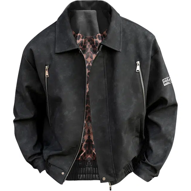 王者荣耀 鲁班七号款 港风复古简约纯色两侧双拉链小众设计宽松翻领百搭休闲长袖开衫皮衣 男女同款