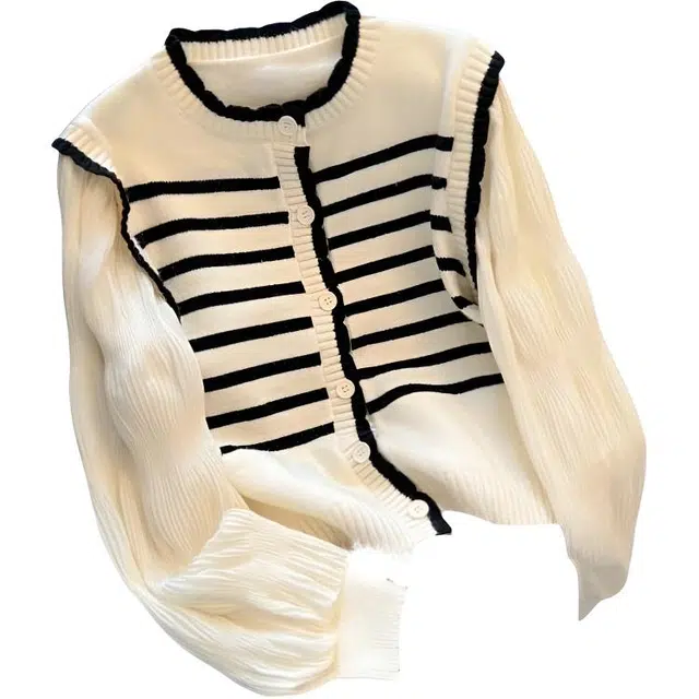 桴生 假两件条纹泡泡袖女设计感小众短款针织衫 女款