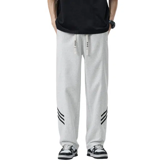 半空山 美式复古纯色基础款经典三条扛条纹拼接品牌文字刺绣系带宽松百搭通勤直筒休闲裤 男女同款