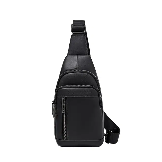 老人头 潮流百搭休闲时尚轻便通勤斜挎包 头层牛皮 胸包 男款 黑色