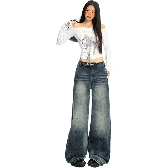 拾籍 复古设计斑驳纹理抓须水洗做旧百搭款式时尚显瘦宽松垂感阔腿牛仔裤 女款