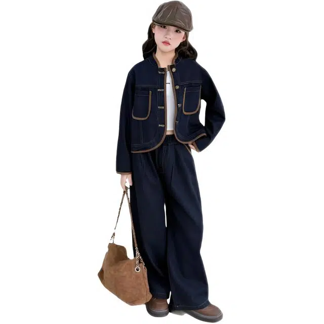 比比我休闲运动套装  女童春秋季撞色牛仔大童潮牌小孩衣服 小女孩长袖洋气时髦 舒适帅气轻便