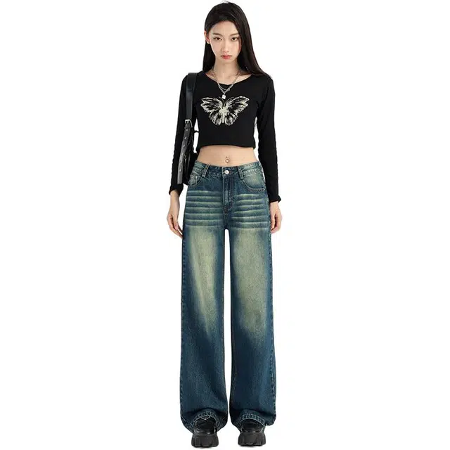 拾籍 美式复古压皱怀旧秋冬设计感高腰显瘦宽松舒适直筒牛仔裤 女款