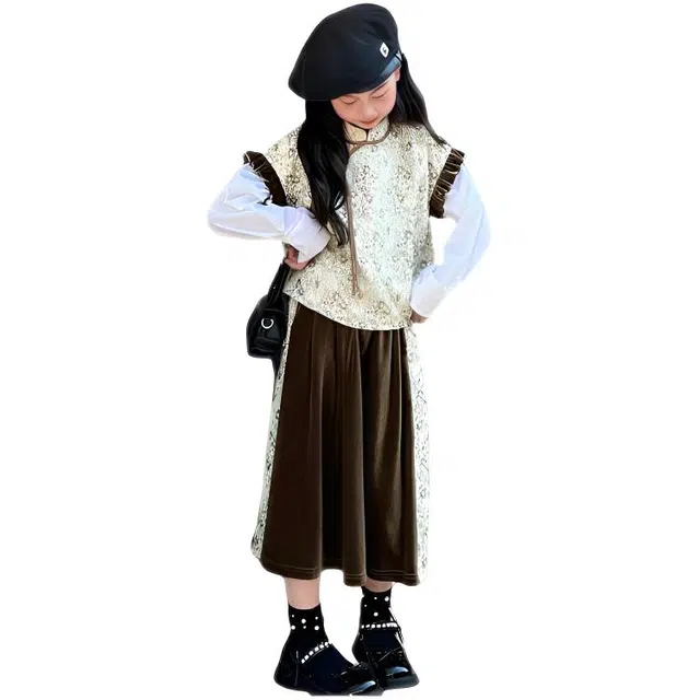 比比我休闲运动套装  女童春秋季提花马甲丝绒裙子大童潮牌小孩衣服 小女孩长袖洋气时髦 舒适帅气轻便