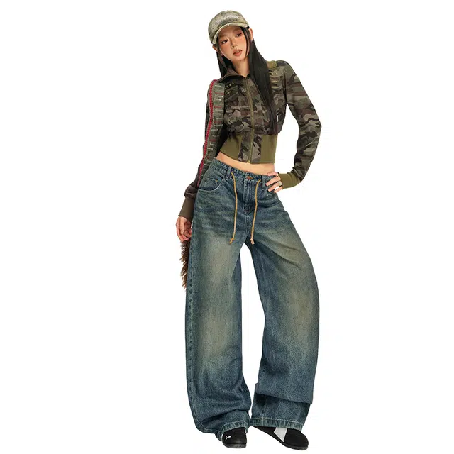 拾籍 美式复古抽绳设计时尚百搭高腰垂感宽松显瘦阔腿牛仔裤 女款