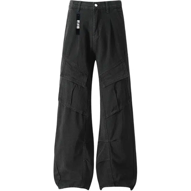 梓润格 美式复古褶皱高级舒适简约微喇直筒弯刀阔腿痞帅炸街潮牌运动百搭时尚校园宽松休闲大口袋高街水洗挂扣可拆卸设计牛仔裤 男女同款