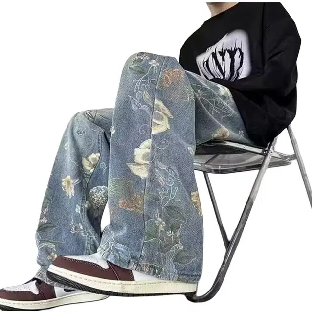 华夏儿女 美式复古小众设计印花阔腿裤男女同款宽松休闲潮流炸街直筒牛仔裤 男款