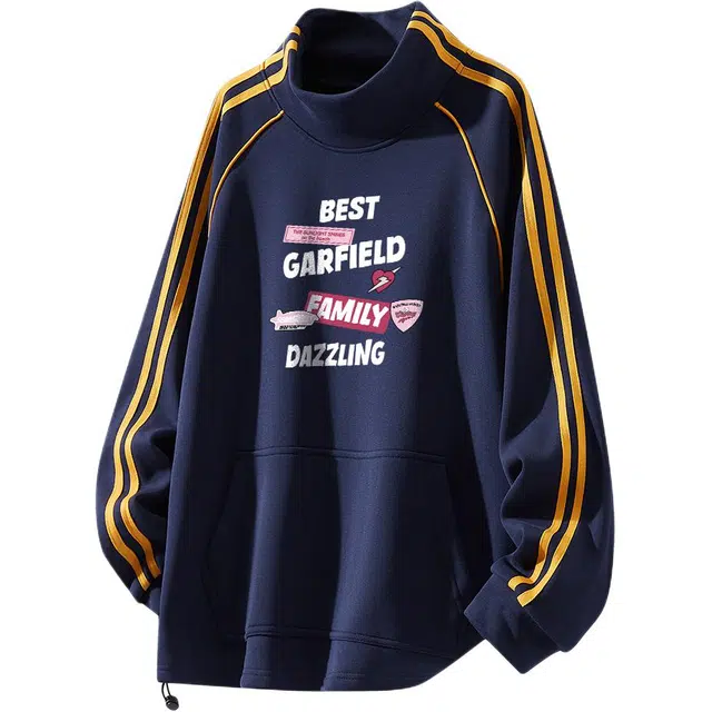 加菲猫家族 美式高街复古条纹字母印花潮流宽松休闲通勤百搭纯棉亲肤柔软舒适慵懒感学院风加绒立领套头插肩长袖卫衣 男女同款