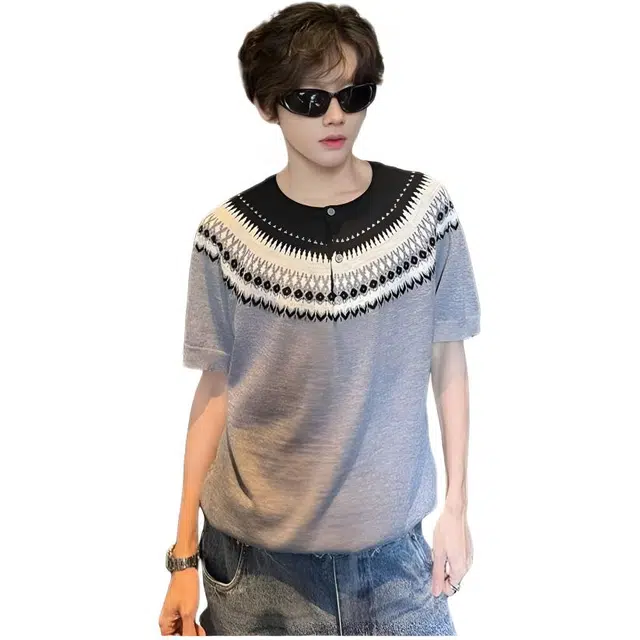 木木兔 复古亨利领费尔岛短袖针织衫 男款