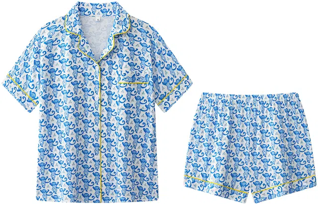 宫蝶 短袖牛奶丝家居服舒适大码开衫休闲满印睡衣套装 女款